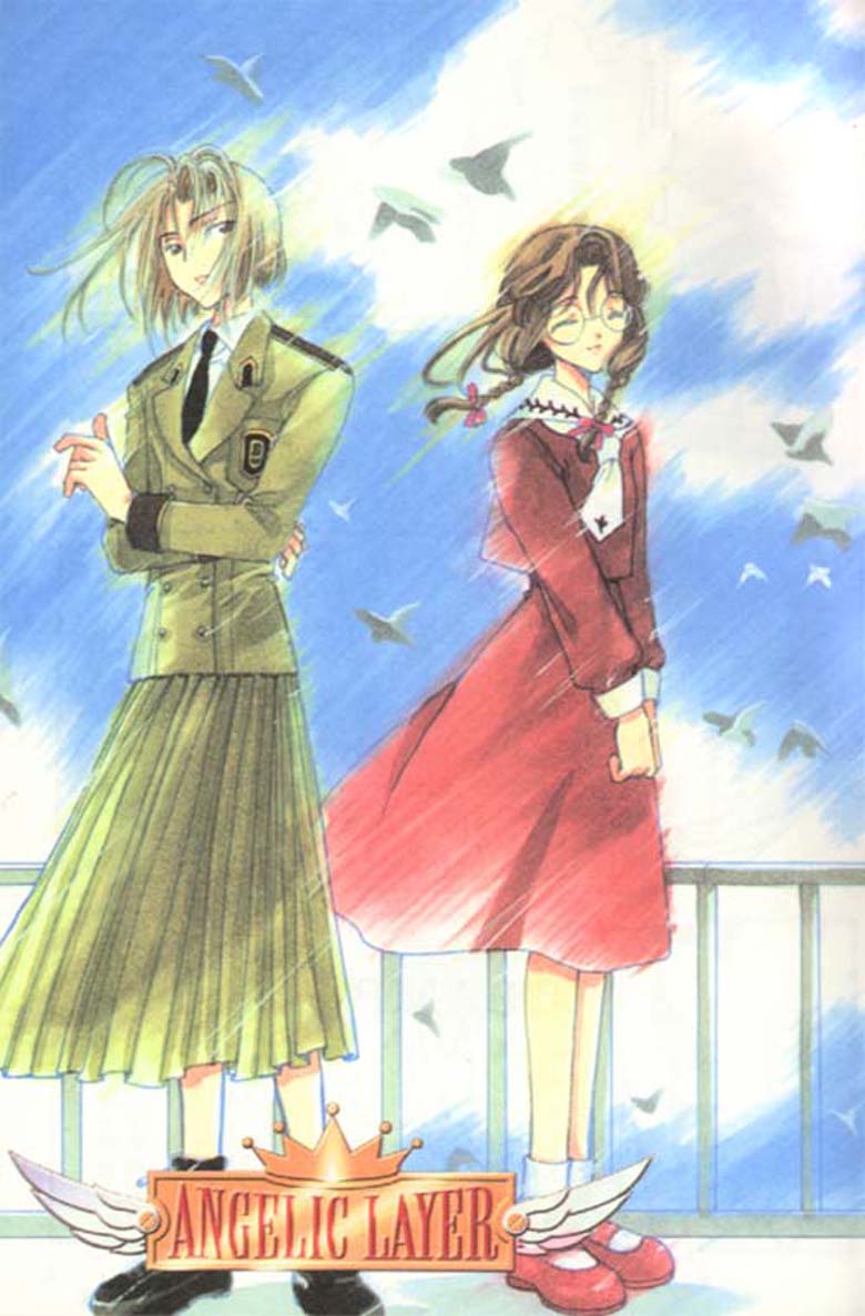 1boy, 1girl, angelic_layer, artist_request, brown_hair, copyright_name, glasses, jounouchi_sai, saitou_kaede_(angelic_layer)