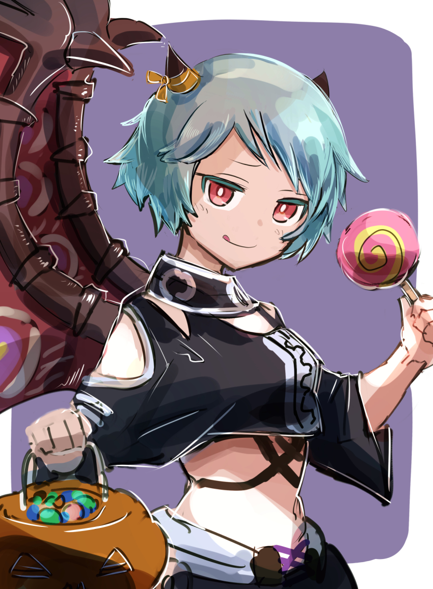 1girl, amanokujaki, blue_hair, bucket, candy, crop_top, demon_girl, demon_horns