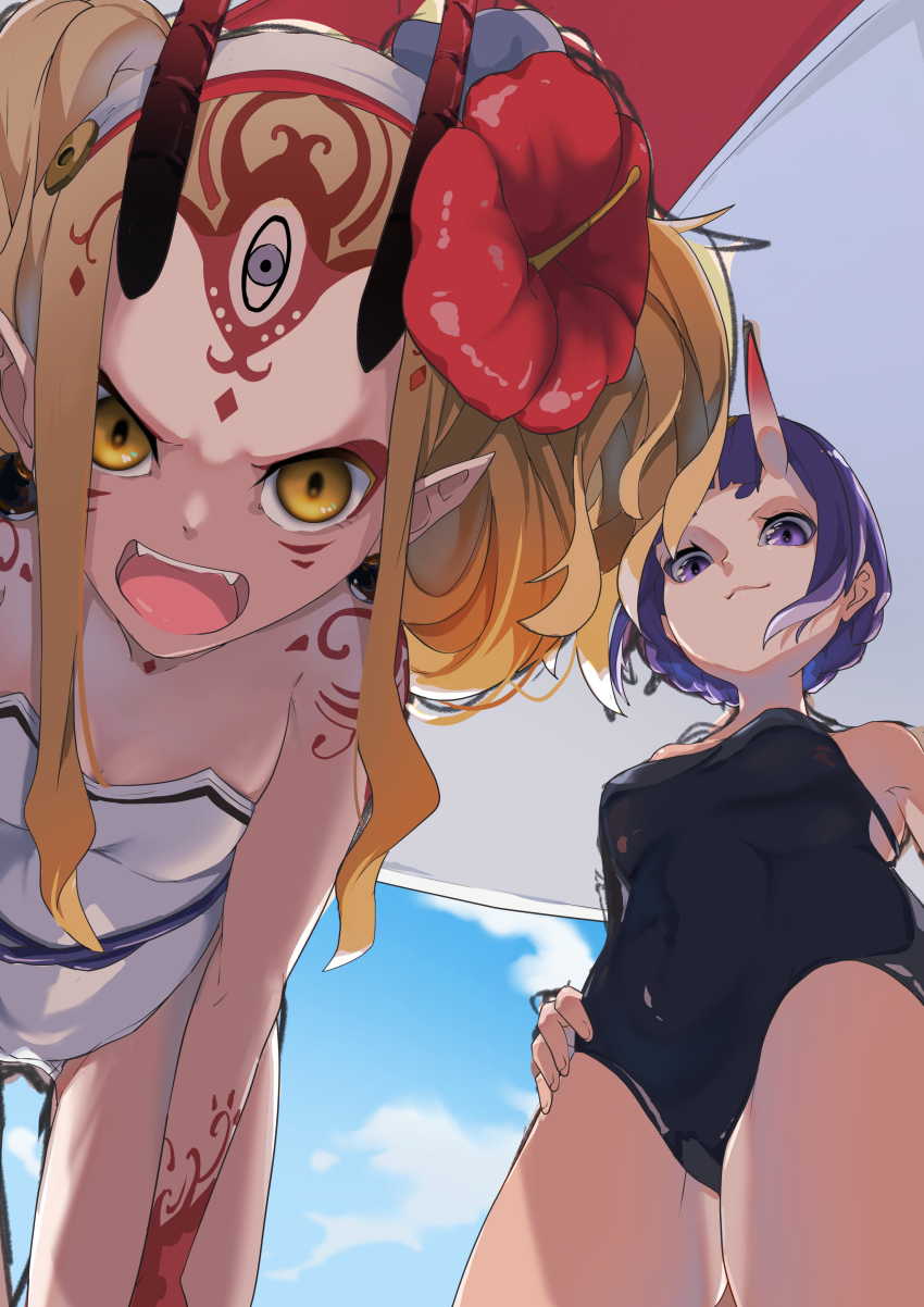 2girls, absurdres, black_one-piece_swimsuit, blonde_hair, body_markings, facial_mark, fangs, fate/grand_order