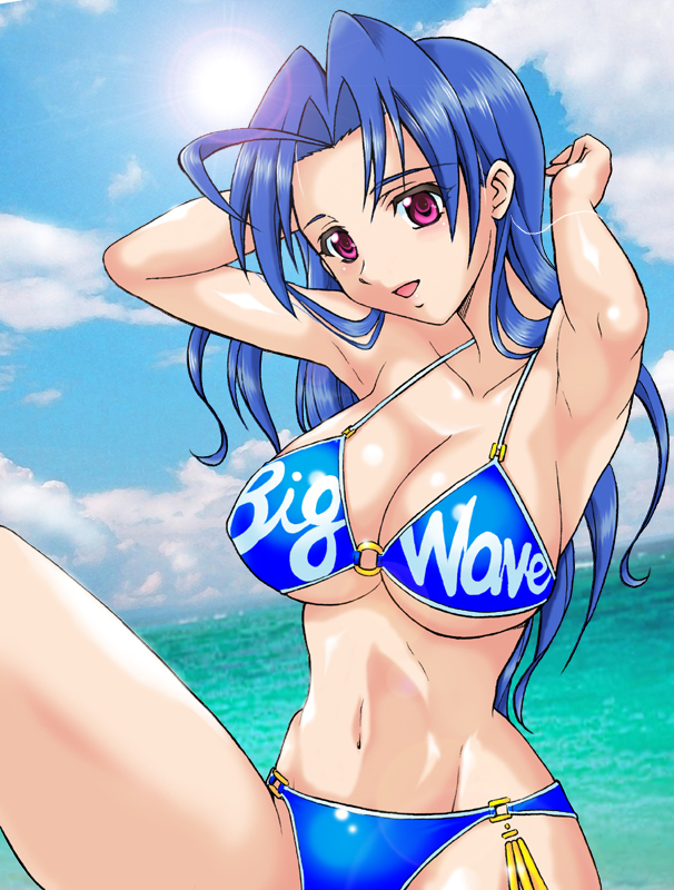 1girl, armpits, bikini, blue_bikini, blue_hair, breasts, cleavage, female_focus
