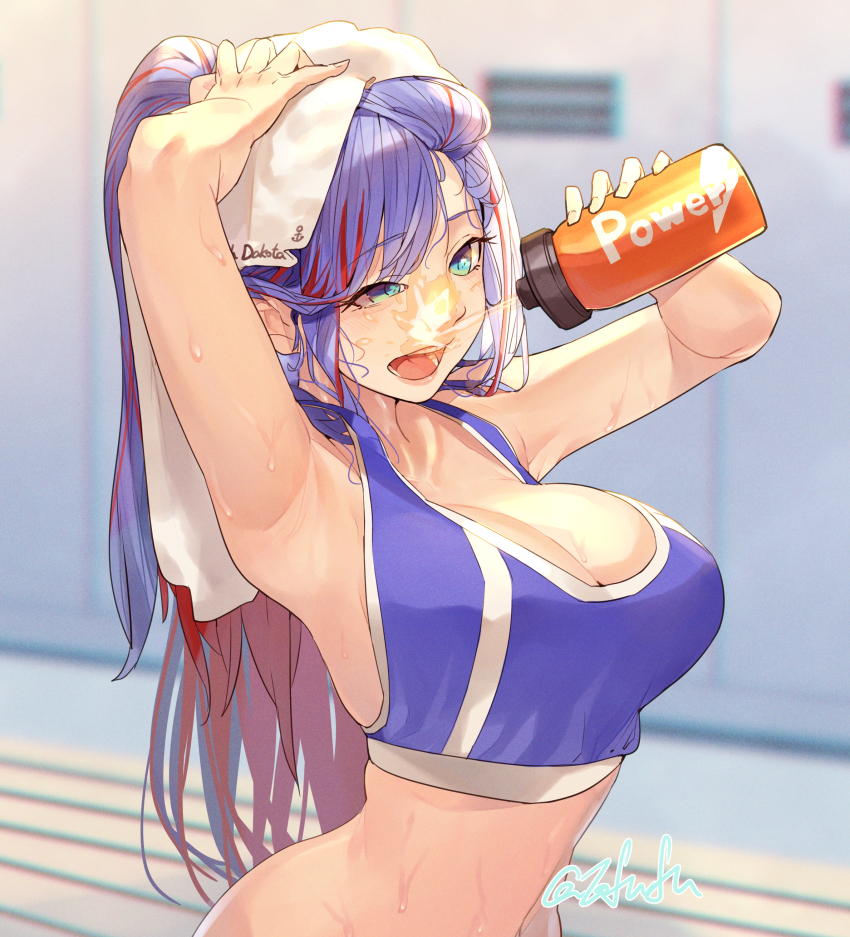 1girl, absurdres, bikini, blue_bikini, blue_hair, blue_tank_top, bottle, breasts