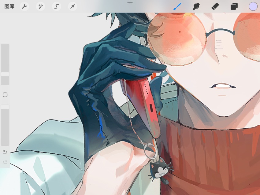 1boy, art_program_in_frame, black_gloves, black_hair, cellphone, character_charm, charm_(object), chinese_commentary