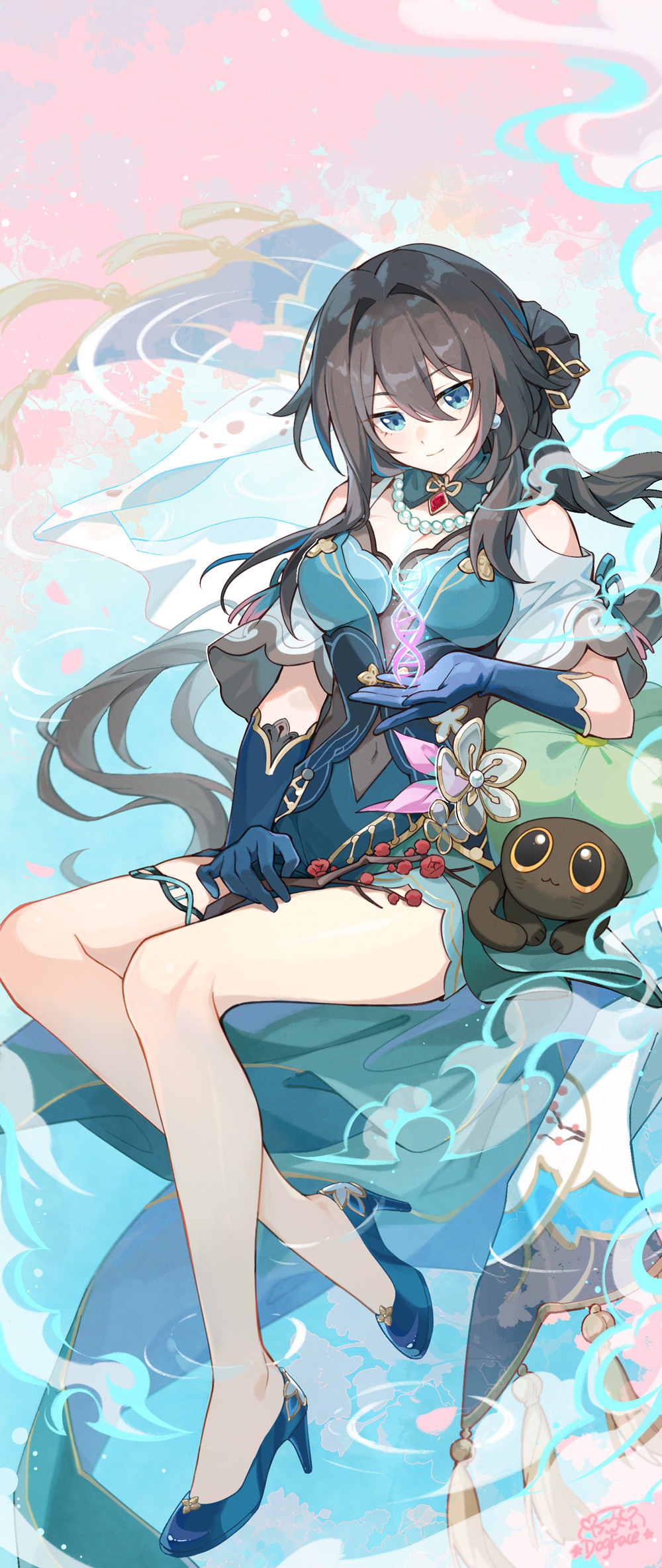 1girl, :3, artist_name, bare_legs, black_hair, blue_gloves, branch, breasts