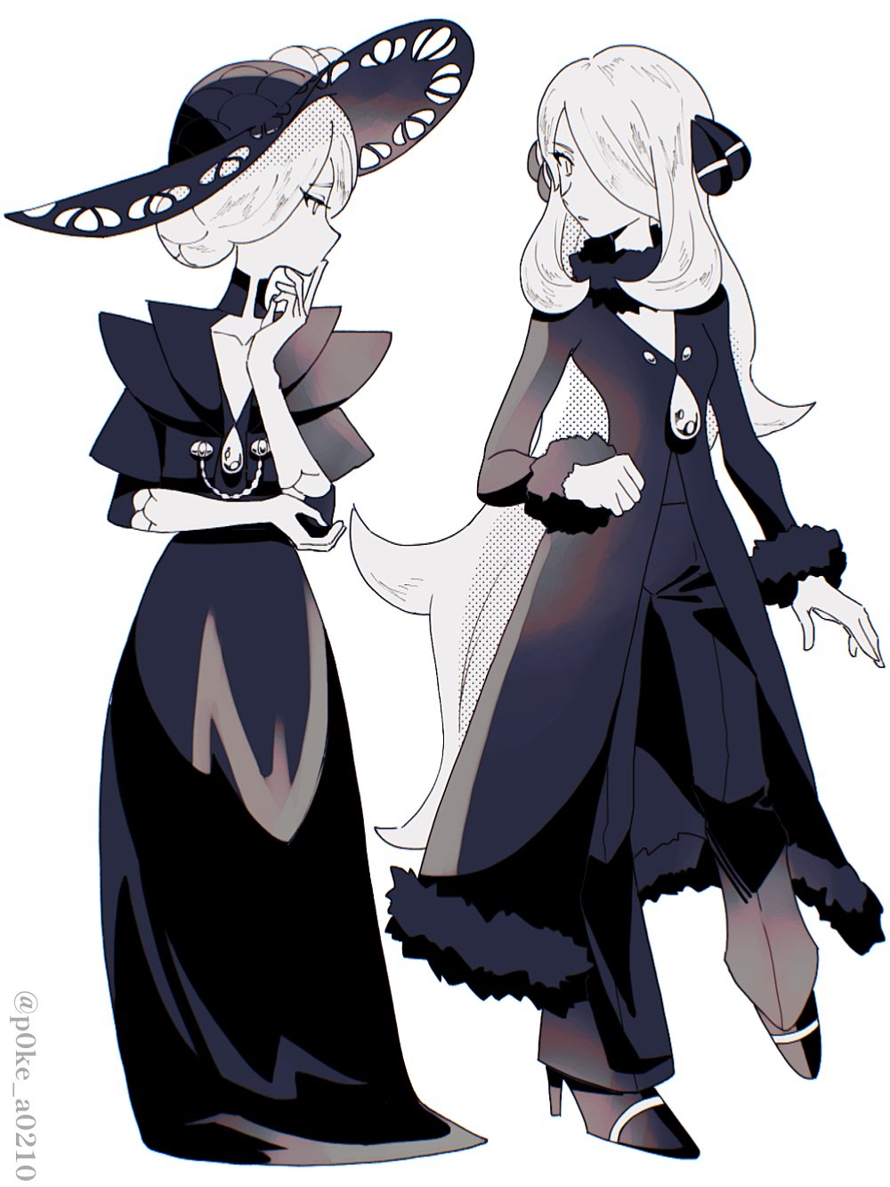 2girls, ancestor_and_descendant, coat, cogita_(pokemon), collarbone, cynthia_(pokemon), dress, elbow_gloves, finger_to_mouth, fur-trimmed_coat, fur-trimmed_sleeves, fur_collar, fur_trim, gloves, hair_ornament, hair_over_one_eye, hand_on_own_elbow, hat, high_heels, highres, long_dress, long_hair, long_sleeves, looking_at_another, multiple_girls, nintendo, p0ke_a0210, pants, pokemon, pokemon_diamond/pearl/platinum, pokemon_legends:_arceus, short_hair, simple_background, sun_hat, twitter_username, very_long_hair, white_background