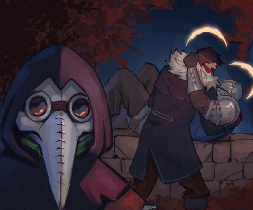 1girl, 2boys, arm_up, armor, armored_gloves, bandana, bandana_over_mouth, black_coat, black_footwear, black_gloves, black_pants, blue_tabard, boots, brown_hair, coat, couple, crusader_(darkest_dungeon), darkest_dungeon, darkest_dungeon_ii, fur-trimmed_coat, fur_trim, gloves, hand_on_another's_neck, helm, helmet, highwayman_(darkest_dungeon), holding, hood, hood_up, hug, knees_up, long_coat, looking_at_viewer, lying, multiple_boys, on_back, pants, pauldrons, perepecha, plague_doctor, plague_doctor_(darkest_dungeon), plague_doctor_mask, red_bandana, red_hood, short_hair, shoulder_armor, stone_wall, tabard, tree, yaoi