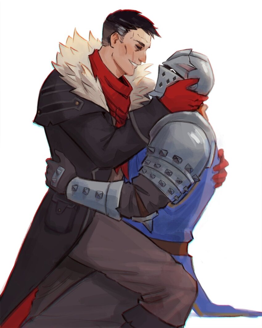 2boys, ^_^, arm_around_another's_waist, armor, bandana, black_coat, black_footwear, black_gloves