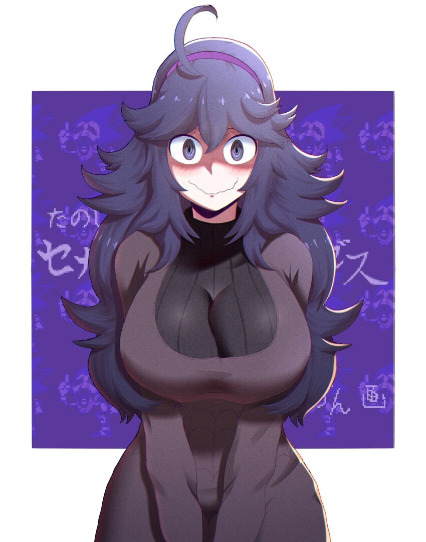 1girl, @_@, alternate_breast_size_(larger), antenna_hair, blush, breasts, closed_mouth, cowboy_shot, dress, female_focus, hairband, hex_maniac_(pokemon), hex_maniac_(pokemon_xy), highres, huge_breasts, long_hair, long_sleeves, looking_at_viewer, majin_sonic, matching_hair/eyes, messy_hair, nervous, nintendo, pokemon, pokemon_x_and_y, purple_background, purple_dress, purple_eyes, purple_hair, purple_hairband, shaded_face, simple_background, smile, solo, sonic_(series), sonic_cd, sonic_the_hedgehog_(classic), standing, tidal_(tidaltides), two-tone_background, v_arms, wavy_mouth, white_background