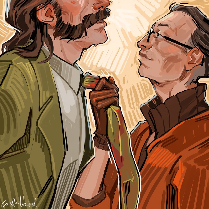2boys, absurdres, arm_up, black-framed_eyewear, black_hair, blush, bomber_jacket, brown_gloves, brown_hair, closed_mouth, clothes_grab, collared_shirt, corellevairel, cropped_head, disco_elysium, facial_hair, glasses, gloves, green_jacket, green_necktie, harry_du_bois, highres, jacket, kim_kitsuragi, lapels, light_smile, looking_at_another, male_focus, mature_male, multiple_boys, mutton_chops, necktie, necktie_grab, neckwear_grab, open_clothes, open_jacket, orange_jacket, profile, shirt, short_hair, signature, white_shirt, yaoi