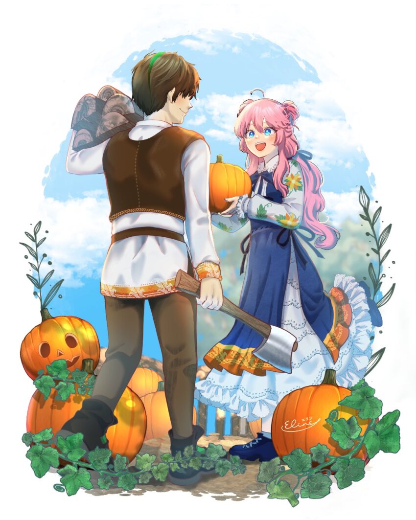 1boy, 1girl, ahoge, animification, axe, black_footwear, black_ribbon, blue_bow