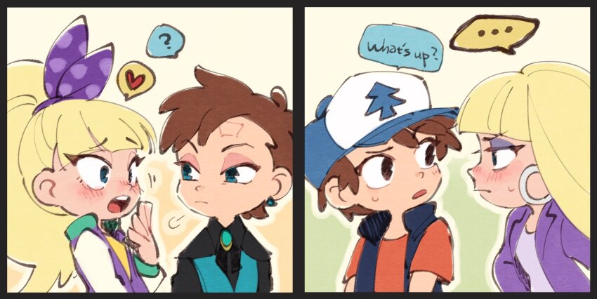 ..., 2boys, 2girls, ?, baseball_cap, blonde_hair, blue_eyes, blush, brown_hair, closed_mouth, dipper_gleeful, dipper_pines, english_text, gravity_falls, hair_ribbon, hat, heart, highres, jacket, long_hair, mixed-language_commentary, multiple_boys, multiple_girls, open_clothes, open_jacket, pacifica_northwest, pacifica_southeast, ponytail, profile, purple_jacket, purple_ribbon, reverse_falls_(gravity_falls), ribbon, short_hair, sweatdrop, ukata