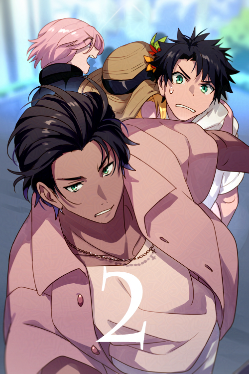 2boys, 2girls, bartholomew_roberts_(fate), bartholomew_roberts_(smiley_summer_wear)_(fate), black_hair, blonde_hair, blue_eyes, collarbone