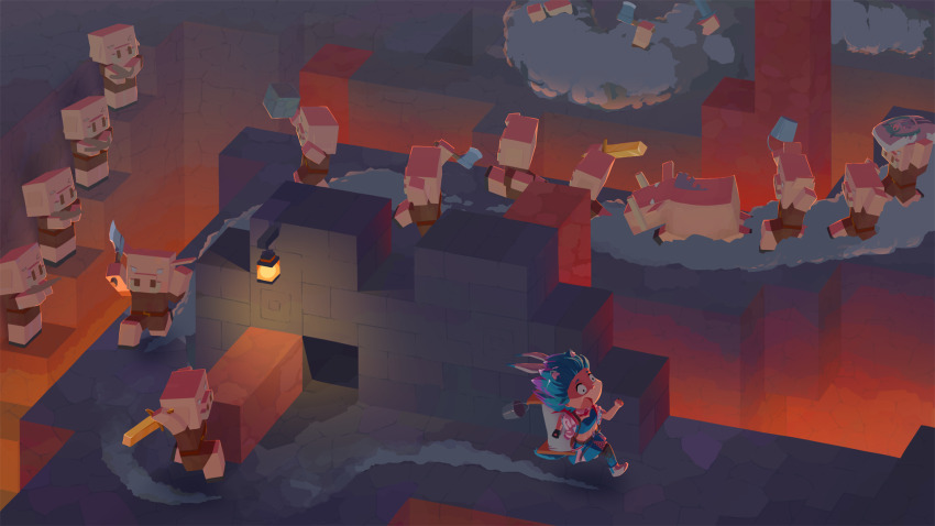 1girl, 6+others, animal_ears, antinoya, axe, block_(minecraft), blue_eyes, blue_hair