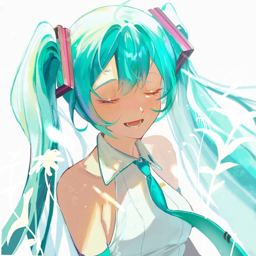 1girl, aqua_hair, aqua_necktie, bare_shoulders, birthday, blush, closed_eyes, collared_shirt