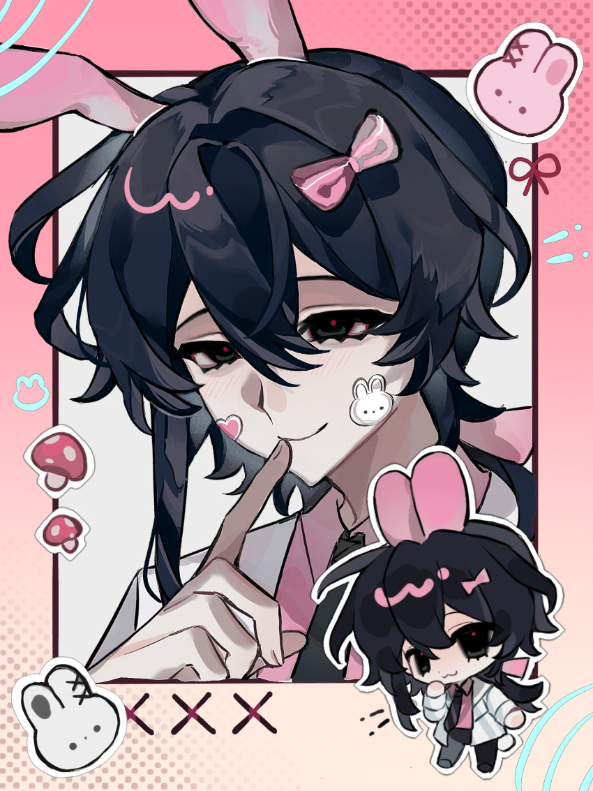 1boy, :3, animal_ears, black_eyes, black_hair, black_necktie, black_pants, bow, chaoshi_maotou, chibi, chinese_commentary, closed_mouth, collared_shirt, commentary_request, finger_to_mouth, hair_between_eyes, hair_bow, hair_intakes, highres, jacket, long_hair, long_sleeves, male_focus, mo_chengwei, multiple_views, mushroom, necktie, open_clothes, open_jacket, pants, pink_bow, pink_shirt, rabbit, rabbit_ears, rabbit_tail, red_pupils, shirt, smile, tail, touqi_guaitan, white_jacket