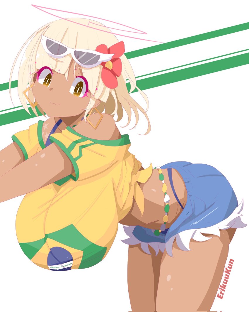 1girl, ass, bent_over, blonde_hair, brazilian_miku, breasts, cosplay, dark-skinned_female, dark_skin, erikuukun, hanging_breasts, hatsune_miku, highres, hololive, hololive_english, huge_breasts, shorts, tsukumo_sana, virtual_youtuber