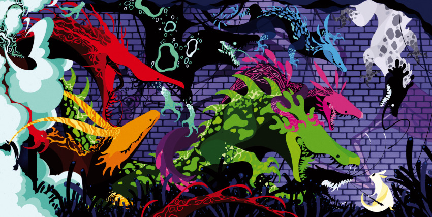 animal, black_eyes, black_lizard_(rain_world), black_teeth, blue_lizard_(rain_world), brick_wall, colored_teeth, creature, cyan_lizard_(rain_world), dragon, dragon_tail, green_lizard_(rain_world), highres, holding, holding_polearm, holding_weapon, kelocitta, lizard, lizard_(rain_world), monster, no_humans, official_art, open_mouth, pink_lizard_(rain_world), polearm, rain_world, red_lizard_(rain_world), reptile, scales, sharp_teeth, slugcat, smokestack, spear, survivor_(rain_world), tail, teeth, tongue, tongue_out, vegetation, weapon, white_lizard_(rain_world), yellow_lizard_(rain_world)