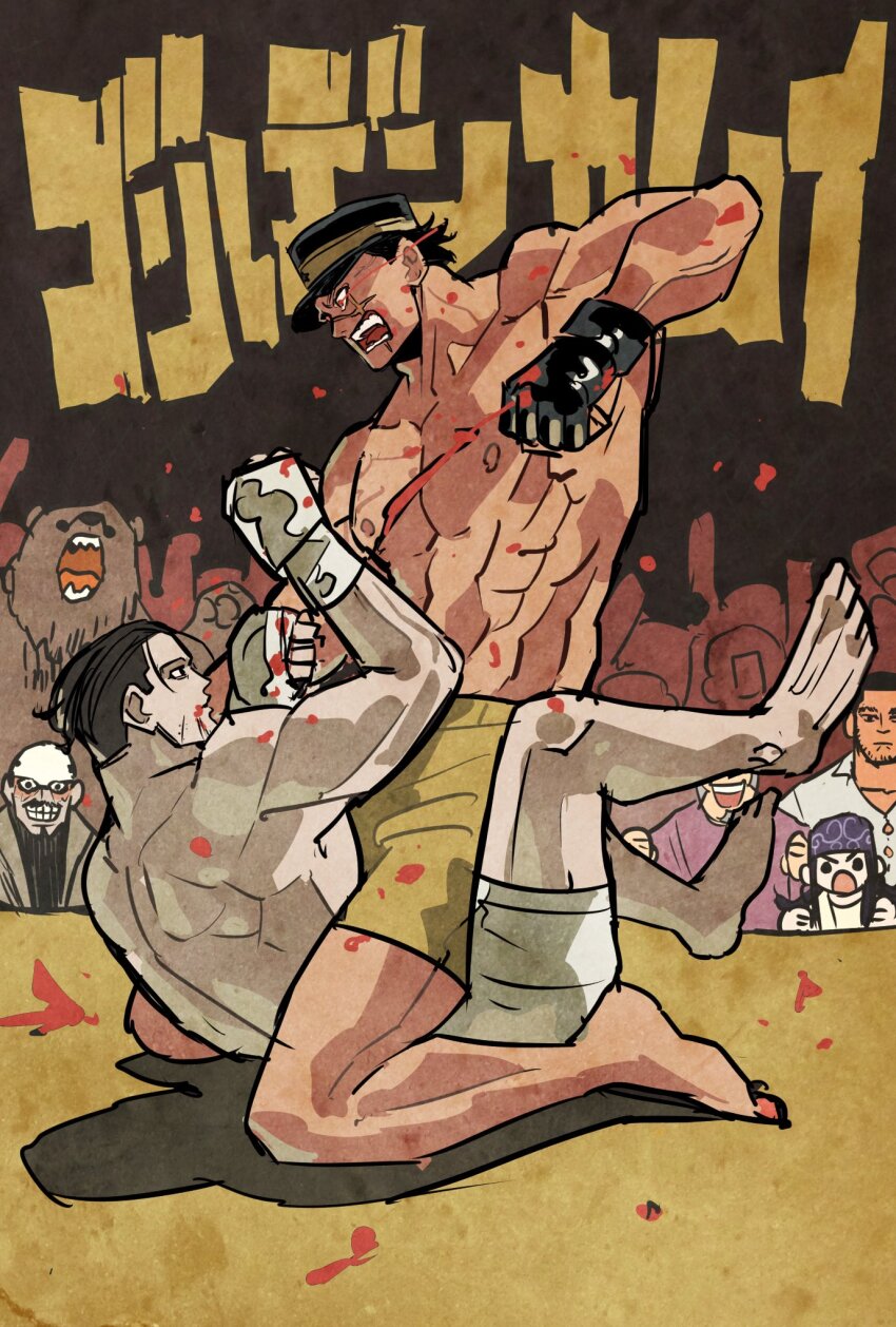 1girl, 5boys, abs, animal, asirpa, bear, beard, black_hair