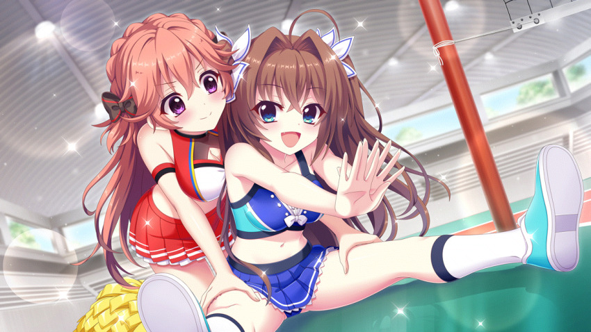 >:), 2girls, ahoge, aqua_shoes, assisted_stretching, black_bow, bleachers, blue_eyes