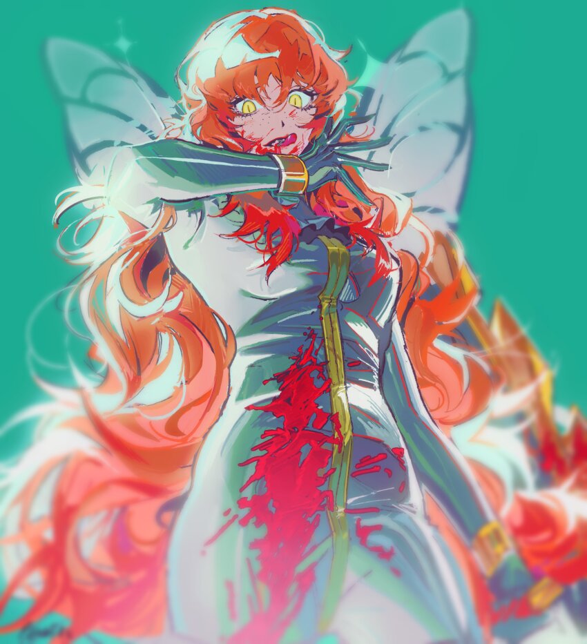 1girl, absurdres, aqua_background, aqua_wings, arm_up, ascot, black_ascot, blood