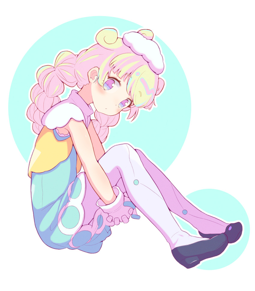 1girl, aqua_dress, arms_between_legs, black_shoes, blue_background, capelet, cardigan, closed_mouth