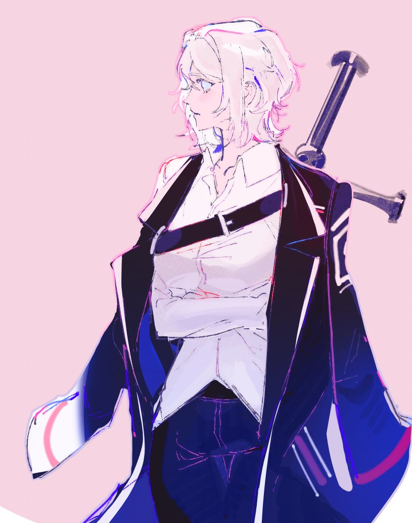 1girl, black_coat, black_pants, blue_eyes, breasts, closed_mouth, coat, coat_on_shoulders