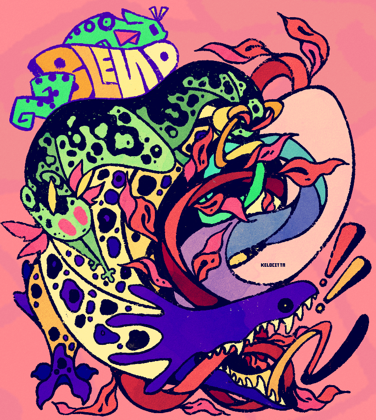 !, !!, animal, black_eyes, colored_teeth, creature, dragon, english_text, kelocitta, leaf, lizard, lizard_(rain_world), monster, no_humans, open_mouth, original, pink_background, pink_eyes, rain_world, sharp_teeth, signature, slugcat, standing_on_another's_back, tag, teeth, the_blend_(kelocitta), white_lizard_(rain_world), yellow_teeth