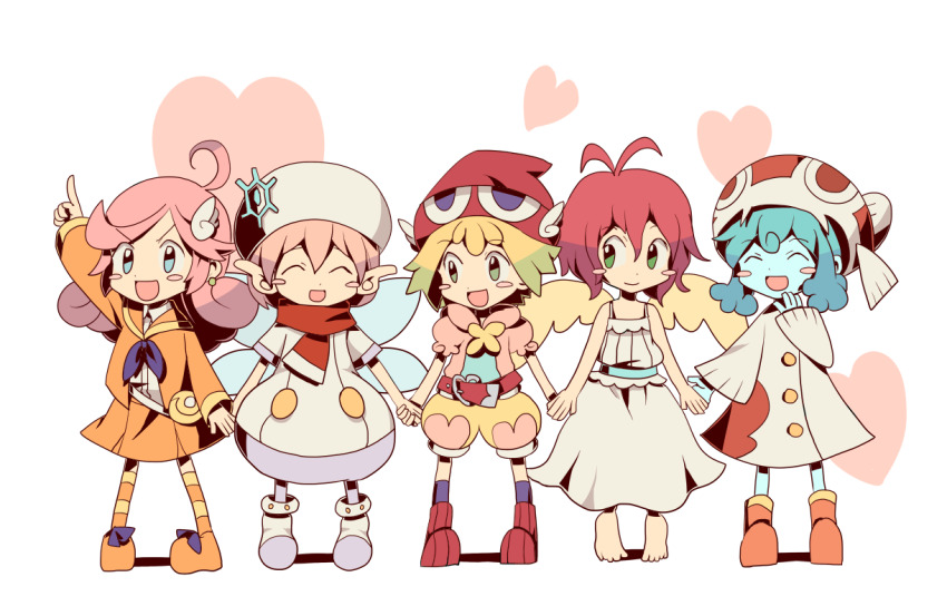 5girls, :d, ^_^, amitie_(puyopuyo), antenna_hair, arm_up, arms_at_sides, belt