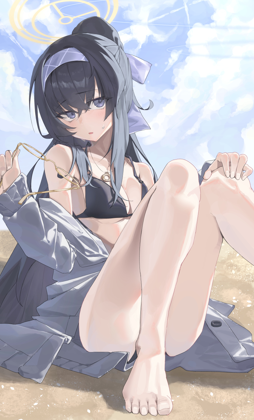 1girl, absurdres, bare_legs, bare_shoulders, barefoot, beach, bikini, black_bikini