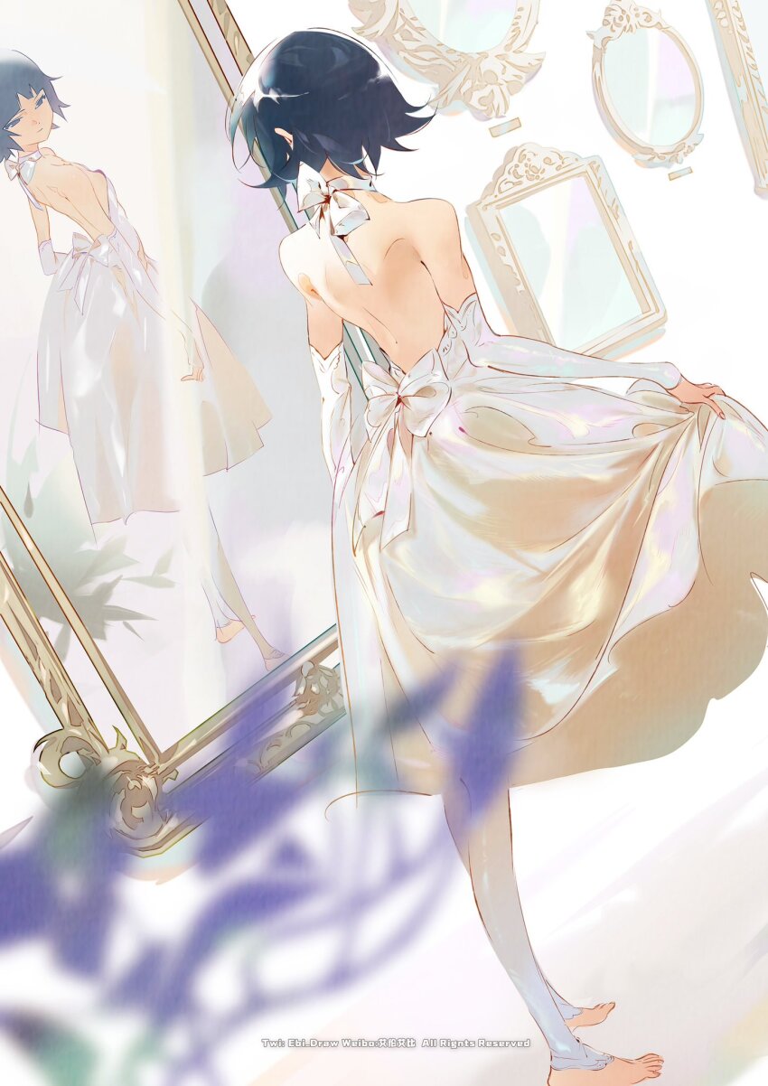 1girl, alternate_costume, back, back_bow, backless_dress, backless_outfit, bare_back, barefoot, black_hair, bleach, blurry, bow, breasts, choker, closed_mouth, commentary_request, dress, dutch_angle, ebi_draw, elbow_gloves, english_text, gloves, highres, leggings, looking_at_mirror, mirror, short_hair, sideboob, solo, standing, sui-feng, twitter_username, white_bow, white_choker, white_dress, white_gloves, white_leggings