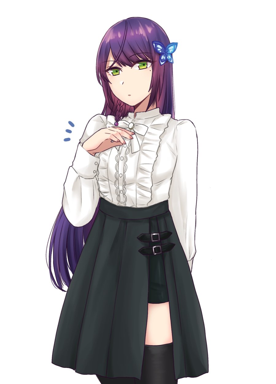 1girl, arm_behind_back, assault_lily, black_skirt, black_thighhighs, bow, bowtie, braid