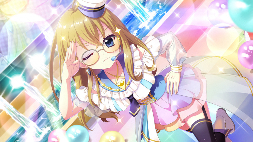 1girl, ball, black_garter_straps, black_thighhighs, blonde_hair, blue_corset, blue_eyes, blue_necktie