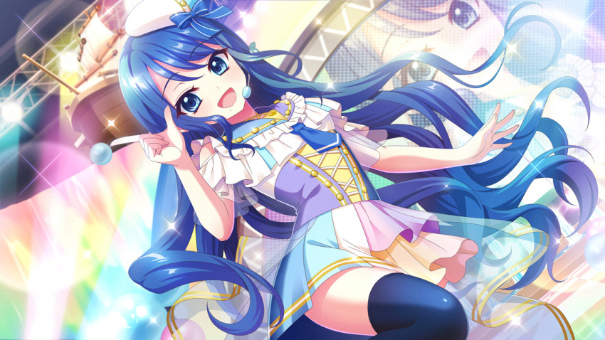 1girl, beret, black_thighhighs, blue_bow, blue_corset, blue_eyes, blue_hair, blue_necktie