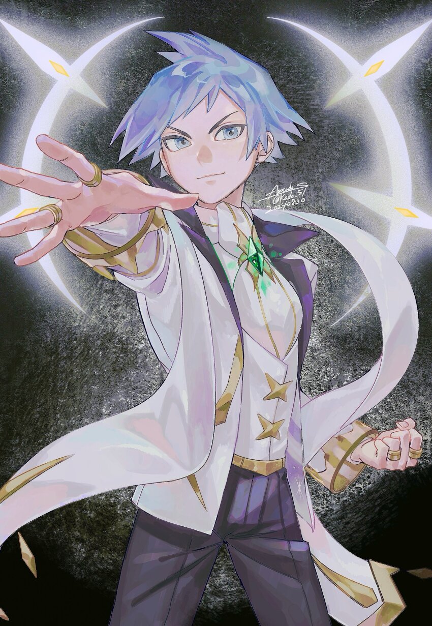 1boy, absurdres, black_pants, blue_eyes, closed_mouth, gem, green_gem, halo