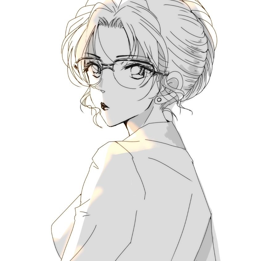 1girl, closed_mouth, commentary_request, earrings, glasses, greyscale, hair_bun, jacket, jewelry, kisaki_eri, lone_nape_hair, looking_back, meitantei_conan, monochrome, rio_raspberry, sidelocks, simple_background, solo, upper_body