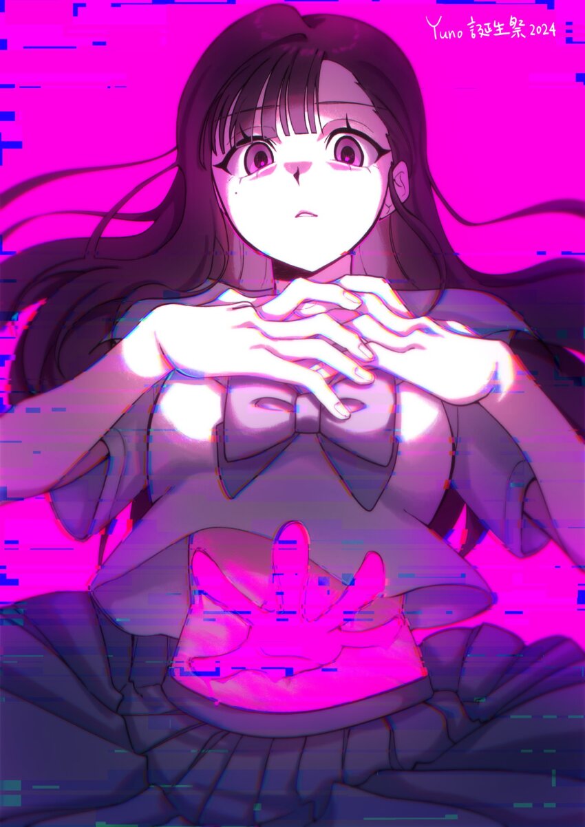 1girl, asymmetrical_bangs, candy00985, character_name, choppy_bangs, cowboy_shot, digital_dissolve, hand_on_own_chest