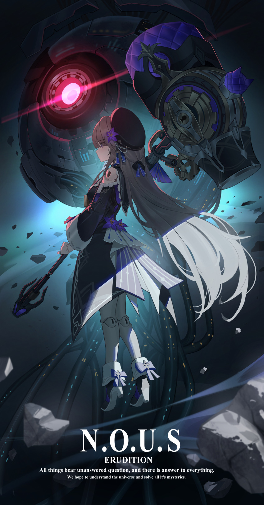 1girl, absurdres, black_dress, black_hat, boots, character_name, commentary, debris, doll_joints, dress, english_text, flower, from_side, hammer, hat, hat_flower, herta_(puppet)_(honkai:_star_rail), high_heel_boots, high_heels, highres, holding, holding_hammer, holding_weapon, honkai:_star_rail, honkai_(series), jeze, joints, long_hair, long_sleeves, nous_(honkai:_star_rail), purple_flower, space, very_long_hair, weapon