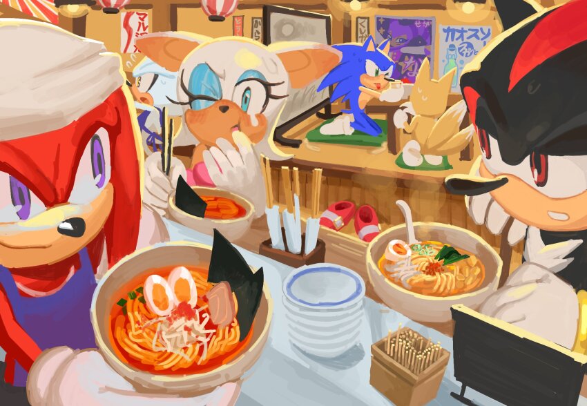 apron, bat_girl, blue_eyes, bowl, chef, chopsticks, commentary, eating