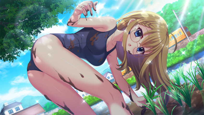 1girl, ahoge, ass, bent_over, blonde_hair, blue_eyes, blue_one-piece_swimsuit, blue_sky, braid, breasts, cleavage, cloud, collarbone, day, dirty, dirty_clothes, dirty_face, dirty_hands, dot_nose, dutch_angle, fang, feet_out_of_frame, film_grain, from_side, furumi_chie, game_cg, glasses, hand_up, holding, house, izumi_tsubasu, large_breasts, lens_flare, long_hair, looking_at_viewer, mud, multiple_unit_train, non-web_source, official_art, one-piece_swimsuit, open_mouth, outdoors, re:stage!, rice_paddy, rice_planting, school_swimsuit, self-datamine, skin_fang, sky, solo, sparkle, sunlight, swimsuit, train, tree, utility_pole