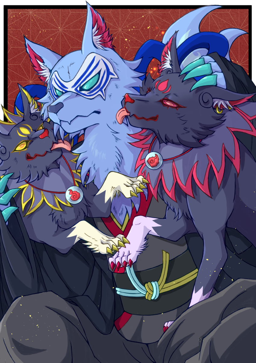 1girl, 2boys, black_fur, blue_eyes, blue_fur, chest_fur, clawed_hands, claws, compound_eyes, earrings, furry, furry_female, furry_male, gauo_(precure), grey_fur, heppoko_inukoro, highres, hug, japanese_clothes, jewelry, kimono, mask, multiple_boys, obi, orb, petting, precure, red_eyes, sash, torame_(precure), torame_(wolf)_(precure), wolf, wolf_boy, wolf_girl, wonderful_precure!, yellow_eyes, zakuro_(precure), zakuro_(wolf)_(precure)