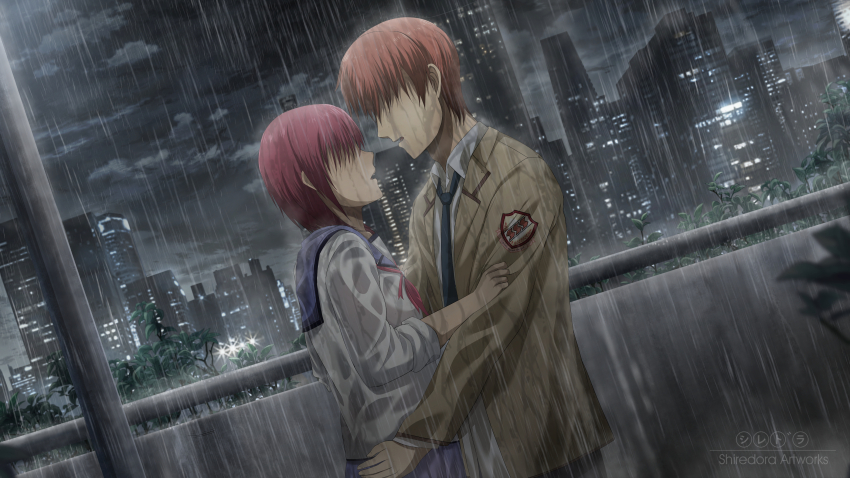 1boy, 1girl, absurdres, angel_beats!, artist_name, blue_necktie, blue_sailor_collar, blue_skirt