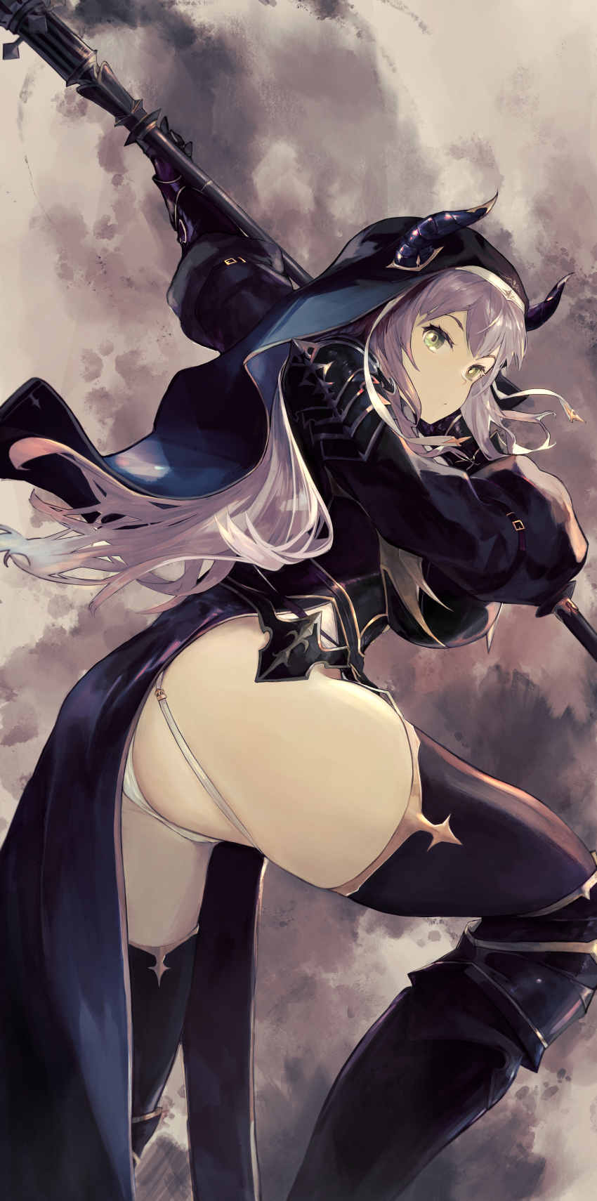 1girl, absurdres, armor, armored_dress, ass, black_armor, black_dress, black_gloves, black_thighhighs, black_veil, breastplate, breasts, closed_mouth, cloud, cloudy_sky, commentary, dress, fake_horns, from_side, garter_straps, gauntlets, gloves, greaves, green_eyes, grey_hair, haimura, highleg, highleg_leotard, highres, holding, holding_weapon, hololive, horns, knees_up, large_breasts, leotard, leotard_under_clothes, long_dress, long_hair, long_sleeves, looking_at_viewer, nun, official_alternate_costume, official_alternate_hairstyle, pauldrons, pelvic_curtain, polearm, puffy_long_sleeves, puffy_sleeves, shirogane_noel, shirogane_noel_(battle_nun), shirogane_noel_(nun), shoulder_armor, sky, solo, thick_thighs, thighhighs, thighs, veil, virtual_youtuber, weapon, white_garter_straps, white_leotard