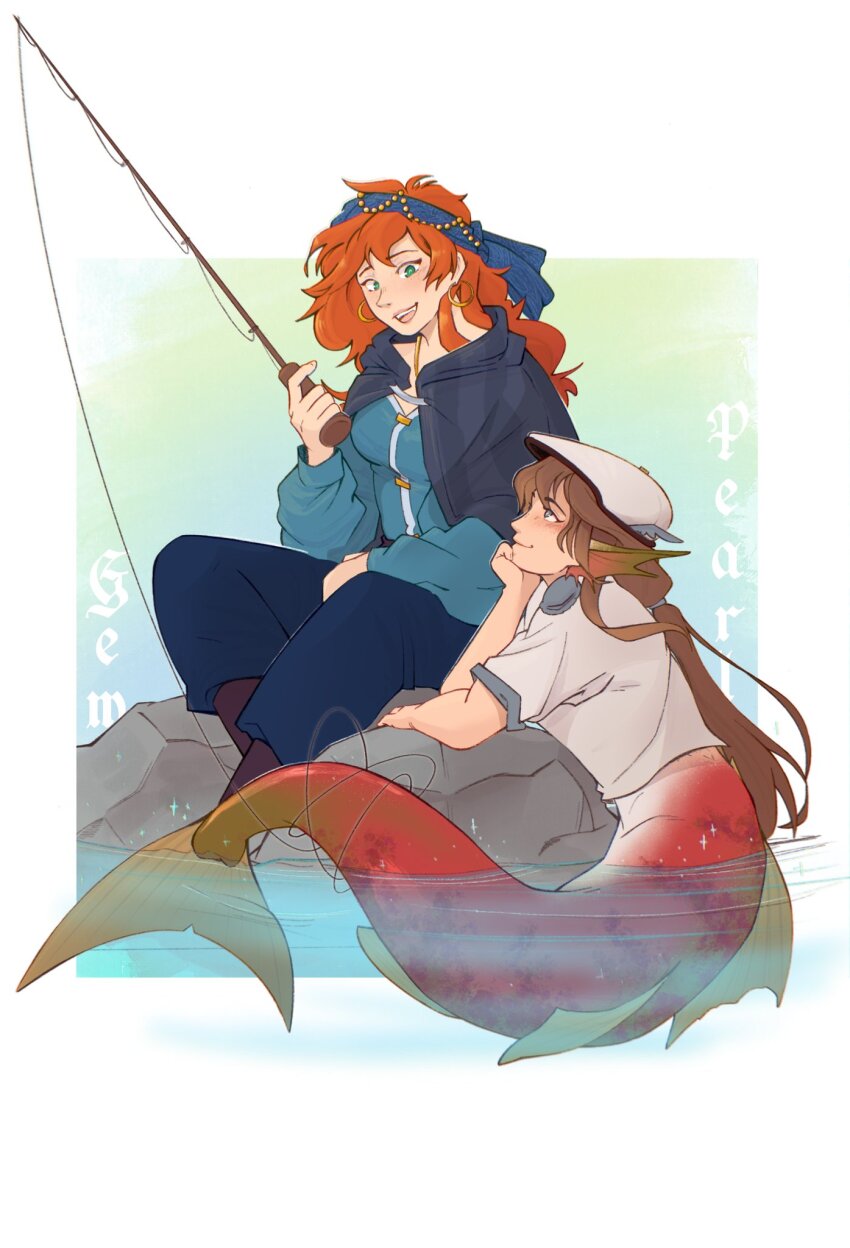 2girls, blue_eyes, blue_headband, blue_pants, blue_shirt, blush, border, breasts, brown_hair, character_name, commentary, english_commentary, fins, fishing_rod, geminitay, geminitay_(fisherman), green_eyes, hat, head_fins, headband, hermitcraft, highres, holding, holding_fishing_rod, long_hair, long_sleeves, looking_up, medium_breasts, mermaid, minecraft_youtube, monster_girl, multiple_girls, official_alternate_costume, orange_hair, pants, pearlescentmoon, pearlescentmoon_(postmaster), rock, salmon, shirt, sitting, tail, twitchy_sparrow, water, white_border, white_hat, white_shirt