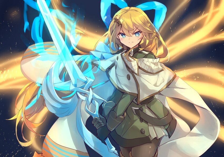 1girl, absurdres, blonde_hair, blue_eyes, cloak, dress, duel_monster, energy_wings