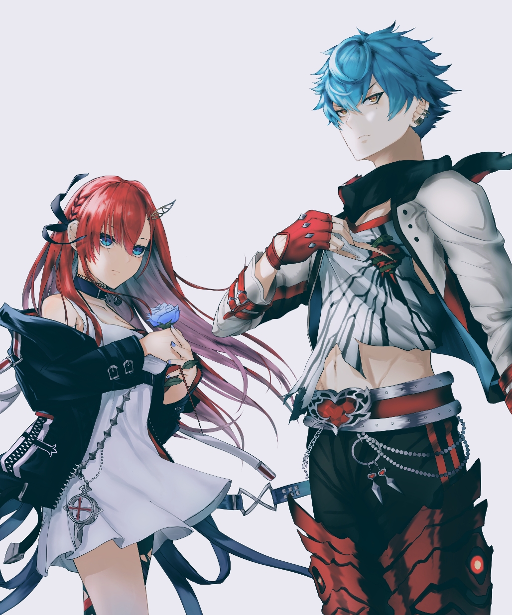 1boy, 1girl, belt, blue_eyes, blue_flower, blue_hair, blue_rose, choker