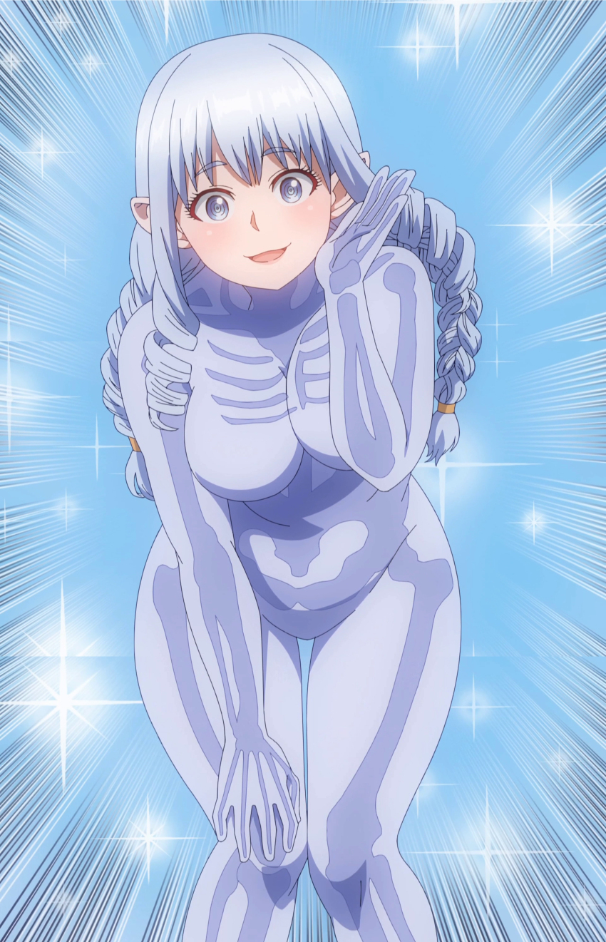 1girl, absurdres, anime_screenshot, blue_background, blue_eyes, blush, braid, breasts