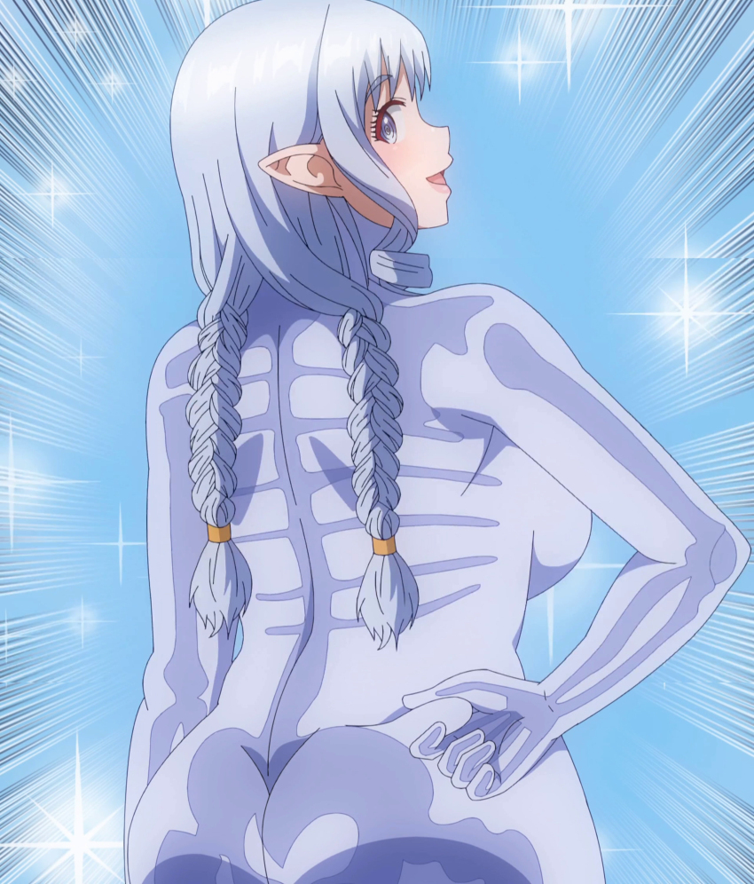 1girl, absurdres, anime_screenshot, ass, back, backboob, blue_background, blue_eyes