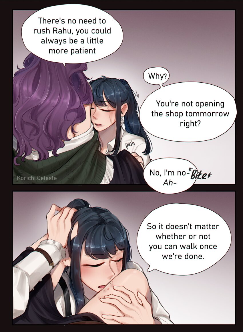 2girls, absurdres, between_legs, bite_mark, bite_mark_on_thigh, black_hair, black_skirt, closed_eyes