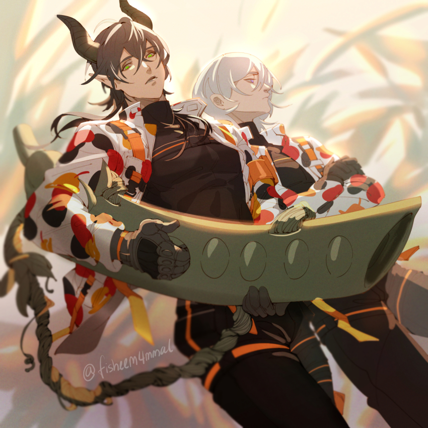 2boys, beanfest_(twisted_wonderland), brown_hair, commentary_request, cowboy_shot, dragon_boy, dragon_horns, dutch_angle