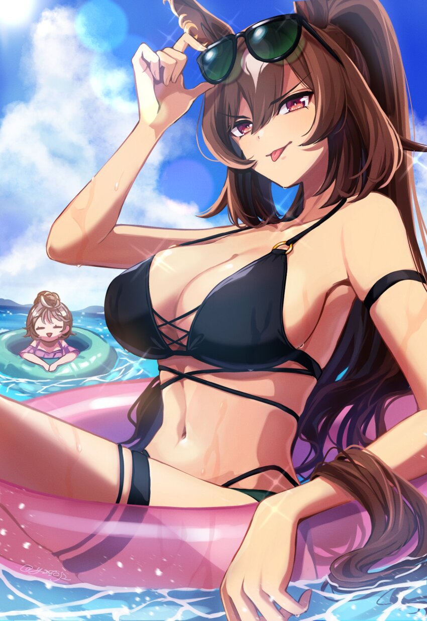 2girls, absurdres, animal_ears, armband, bikini, black_bikini, breasts, brown_hair