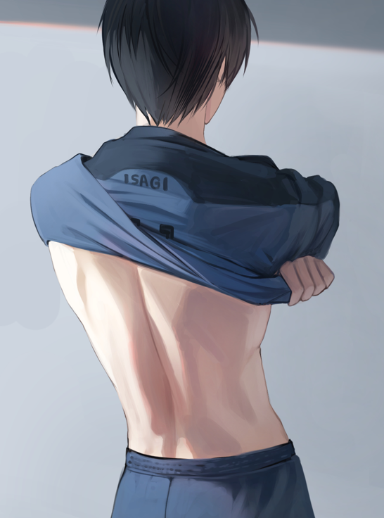 1boy, back, black_hair, blue_lock, blue_shirt, blue_shorts, isagi_yoichi, male_focus